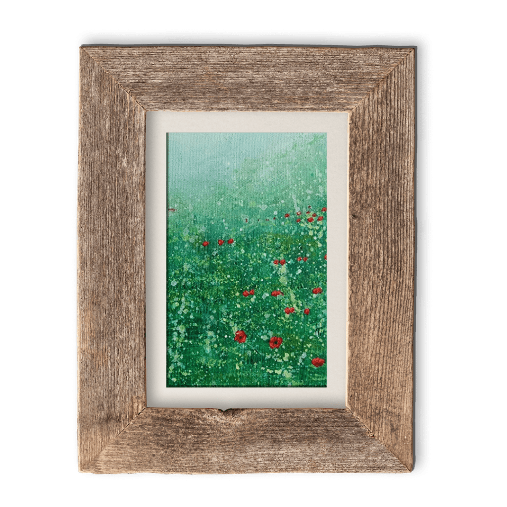 a painting of red poppies in a field in a wooden frame
