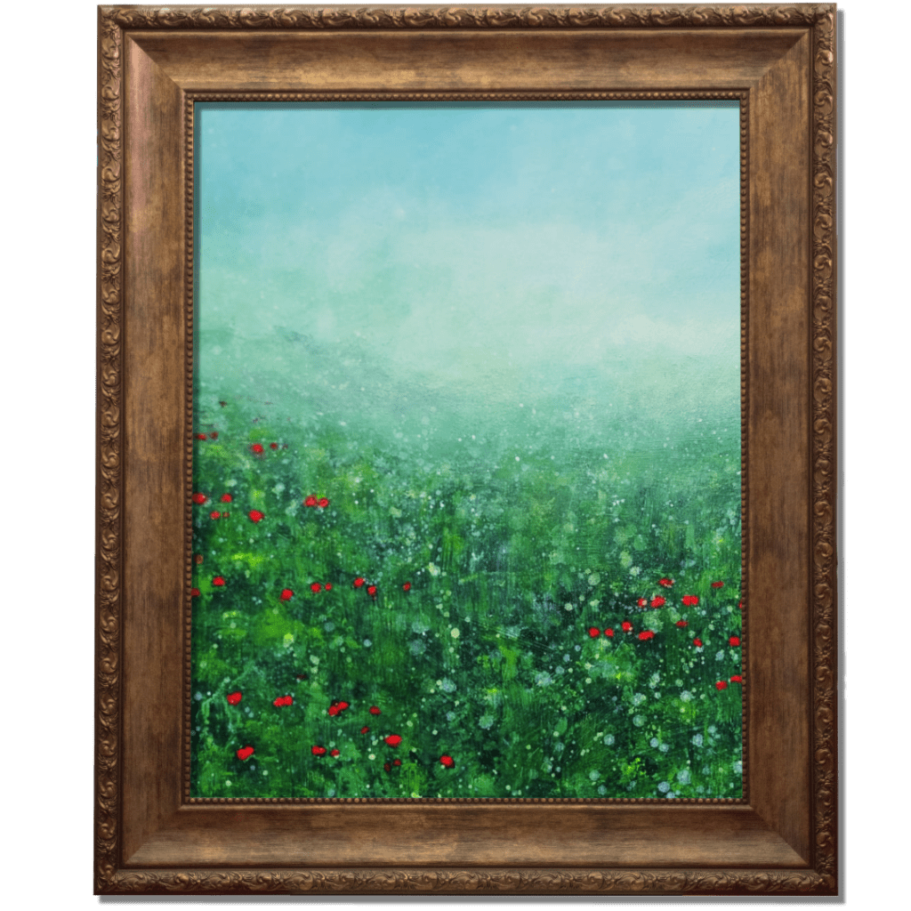 an acrylic painting of a field of red poppies in a wooden frame