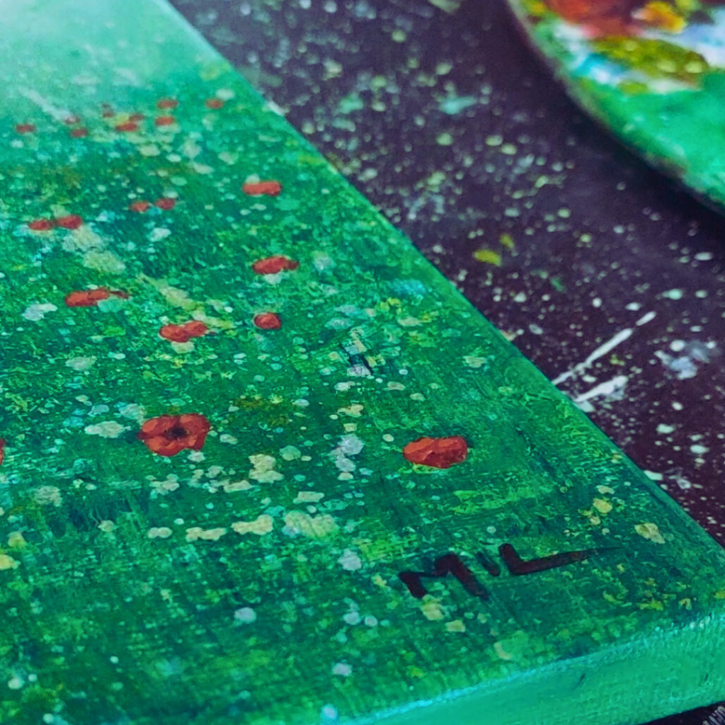 a painting of a green field with red flowers on it