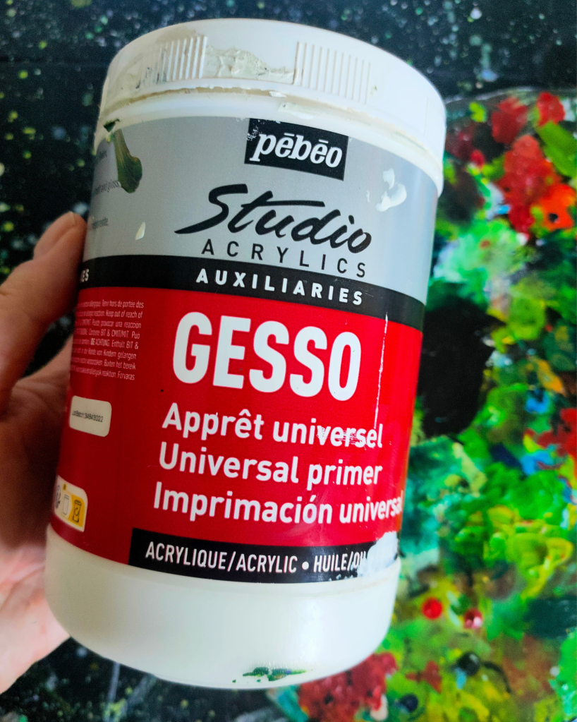 Gesso is a white, paint-like primer used to prepare and seal canvas surfaces before painting. It creates a slightly textured surface that allows paint to adhere better, enhancing color vibrancy and helping to prevent paint from soaking into the canvas fibers.