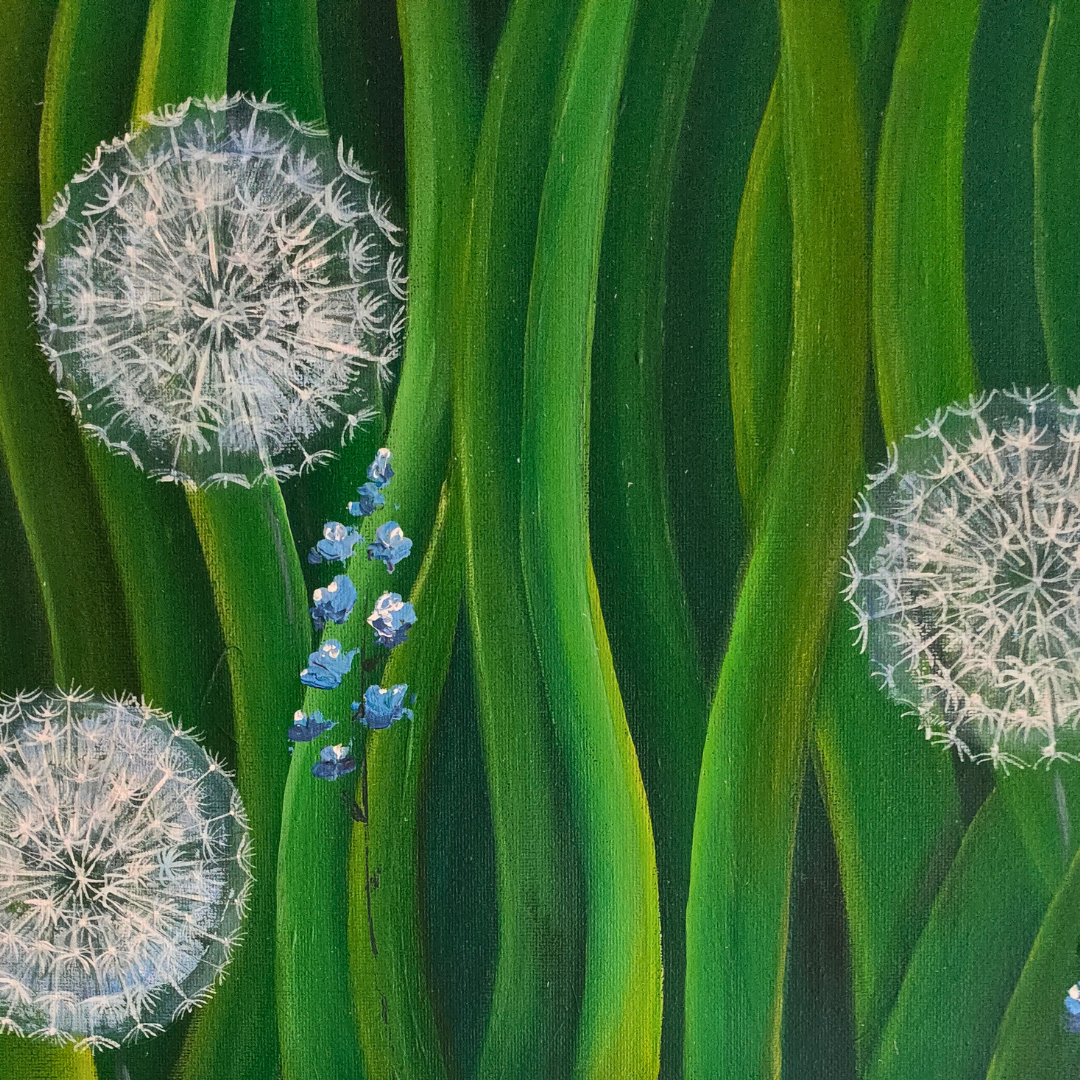 Detailed painting of ethereal white dandelion seed heads and small blue forget-me-nots against striped green foliage background