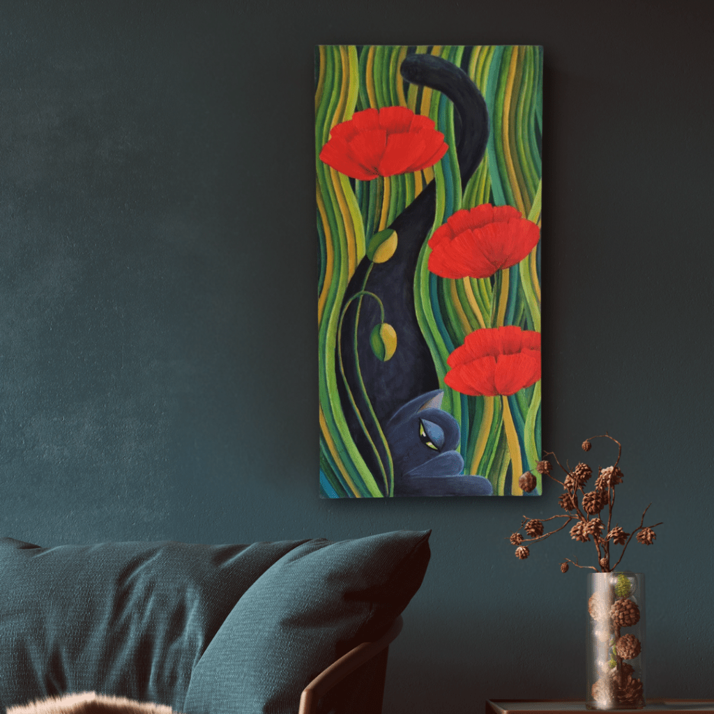 Painting titled 'Secret Guardian' featuring a black cat nestled among vibrant red poppies and lush green foliage, displayed in a modern living space. The artwork uses bold colors and a vertical composition to create a striking visual impact.