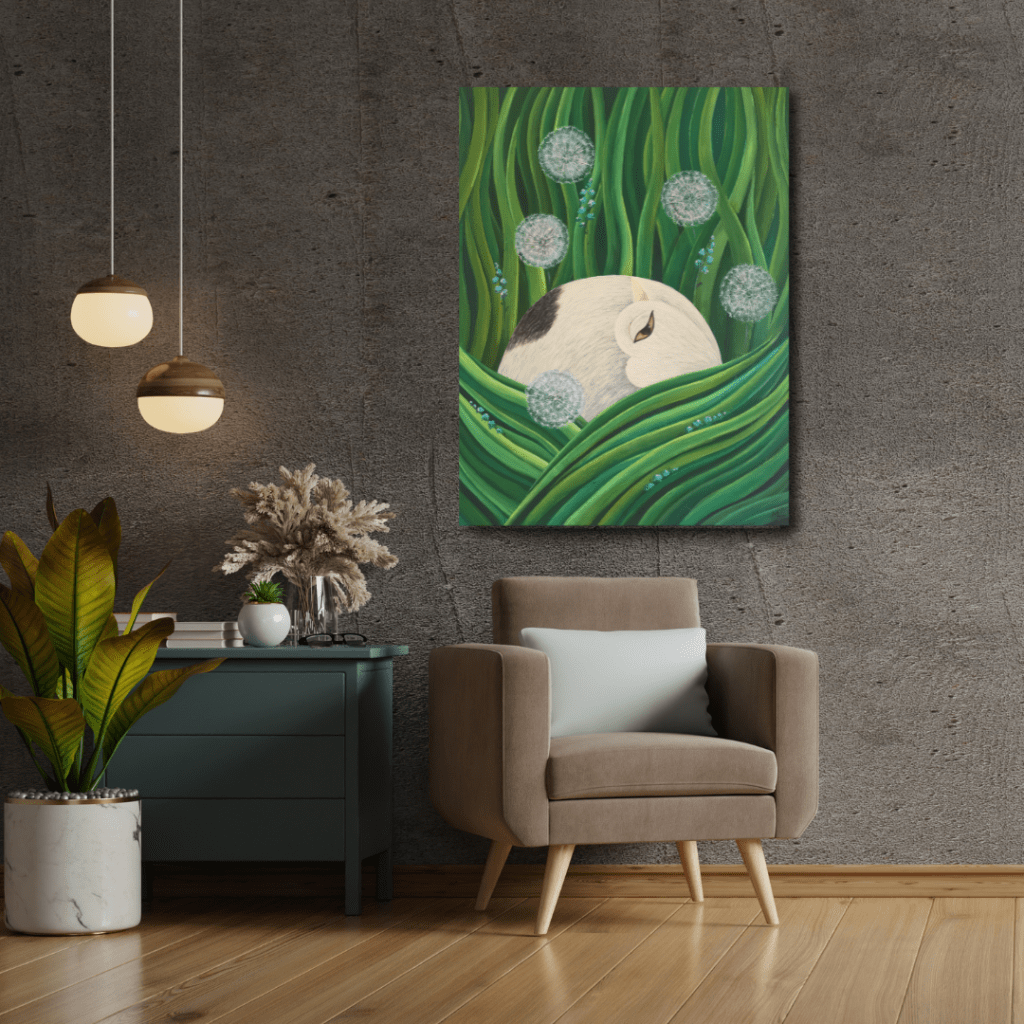 Painting titled 'Eternal Whisper' featuring a white cat nestled among lush green leaves and dandelion puffs, displayed in a modern living space. The artwork uses greens and whites to create a calming atmosphere.