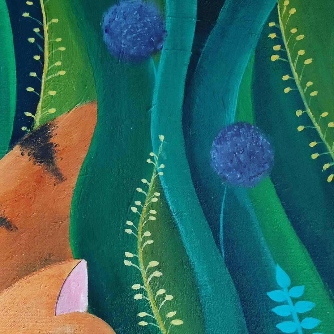 Detail of contemporary botanical painting featuring delicate yellow stems against layers of emerald and turquoise, with bold cobalt blue spheres creating dramatic focal points