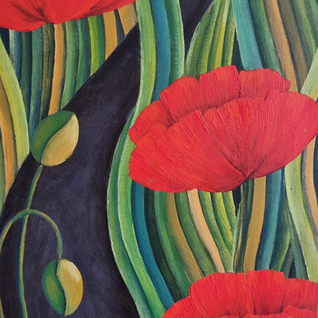 Vibrant red poppies and buds against a rhythmic background of green, turquoise, and golden stripes on a navy backdrop, painted in bold acrylic strokes