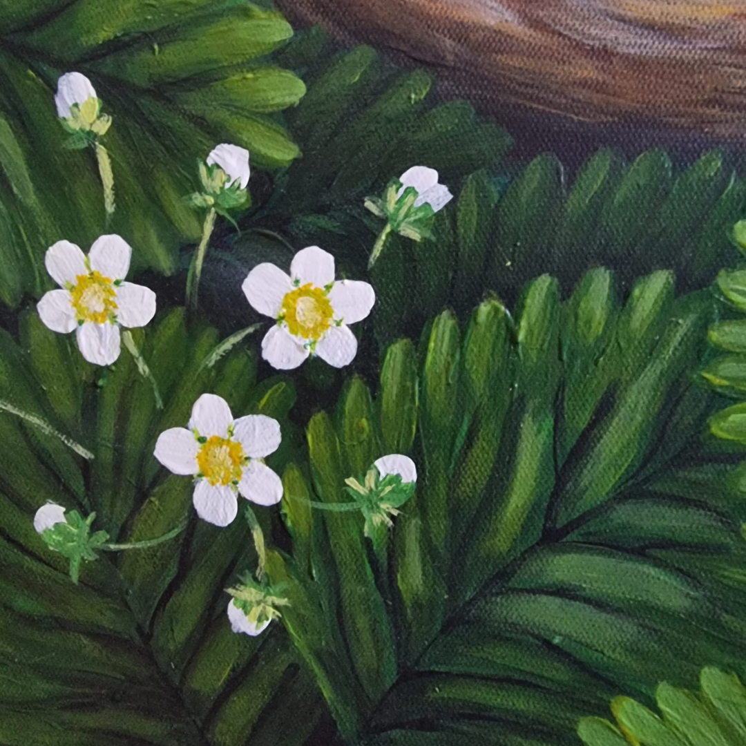 Detailed painting of delicate white wild strawberry flowers with yellow centers against rich green foliage and fern-like leaves