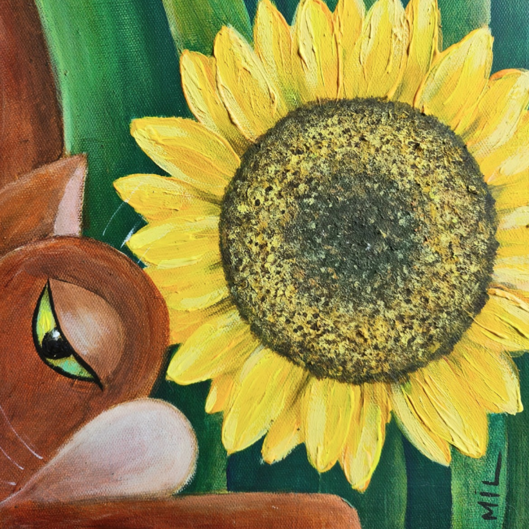 Detailed close-up of a sunflower painting showing textured center and vibrant yellow petals against a deep green background, with visible brushstrokes creating dimensional effect
