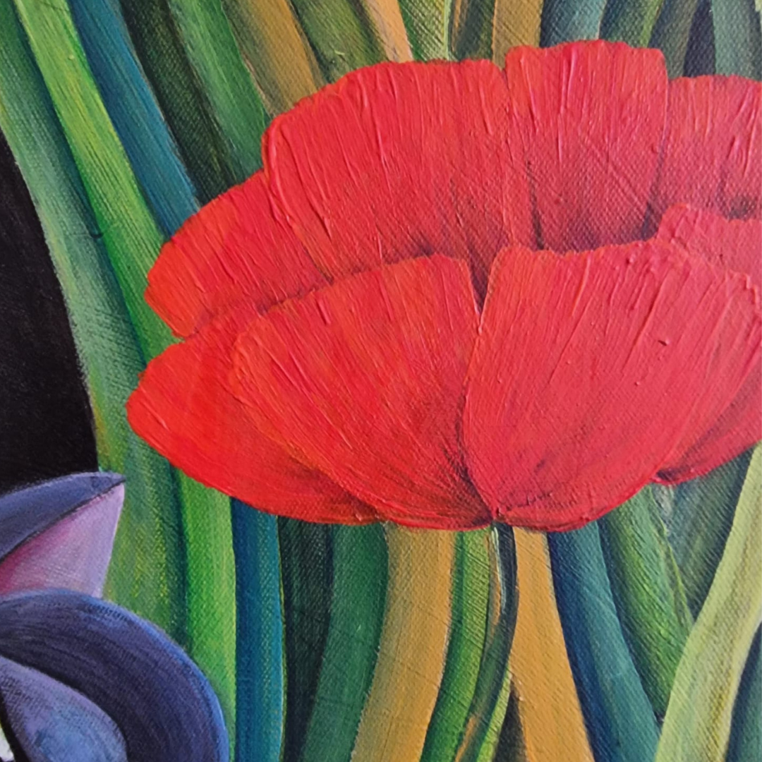 Detailed close-up of a vibrant red poppy flower showing textural brushstrokes against a striped background of greens, turquoise, and gold with hints of purple