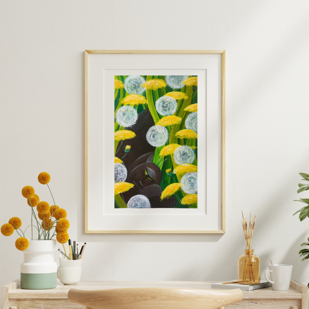 Contemporary painting of a black cat nestled among yellow dandelions and white seedheads, with geometric green grass patterns. Original acrylic artwork featuring bold color contrasts and modern botanical elements
