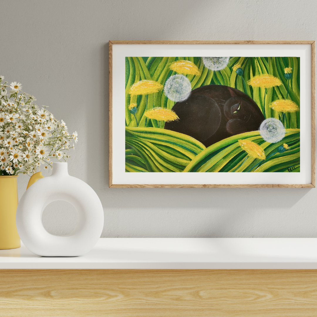 Contemporary black cat portrait in stylized nature scene, peaceful sleeping pose among geometric green grass blades and ethereal dandelions in white and yellow. Original acrylic artwork by British-Polish artist from Southend-on-Sea.