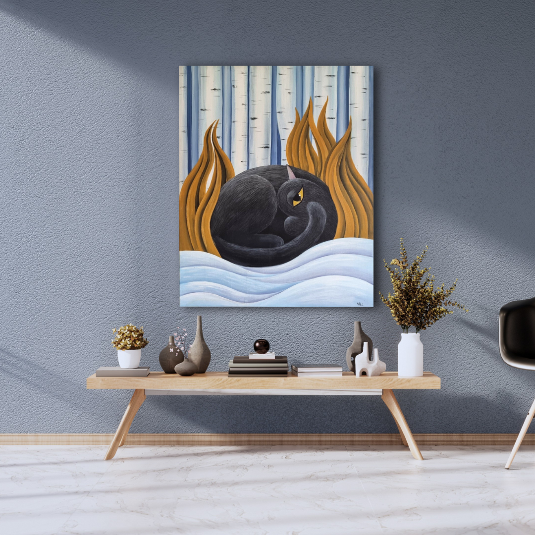 Contemporary painting of a curled black cat against snowy waves and golden dried grass, set among stylized white birch trees. Original acrylic artwork featuring geometric winter landscape elements and striking color contrasts.