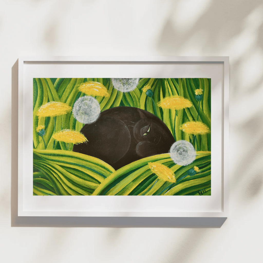 Contemporary acrylic painting of a stylized black cat nestled among bold yellow dandelions and white seedheads, with vibrant green geometric grass patterns
