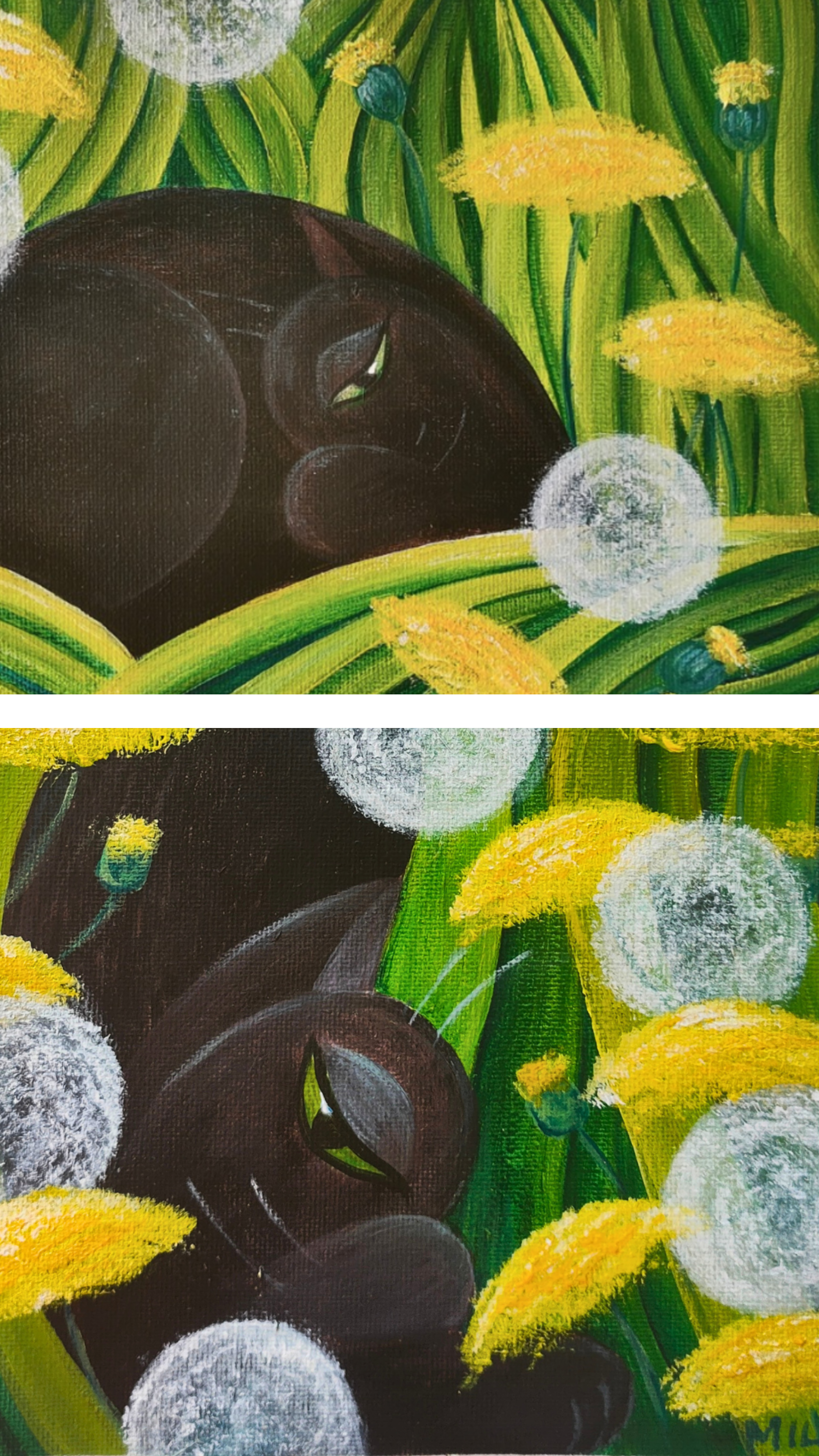 Close-up details of original acrylic painting showing black cat with green eyes among dandelion seedheads and yellow flowers, painted in contemporary style with bold brushstrokes on canvas