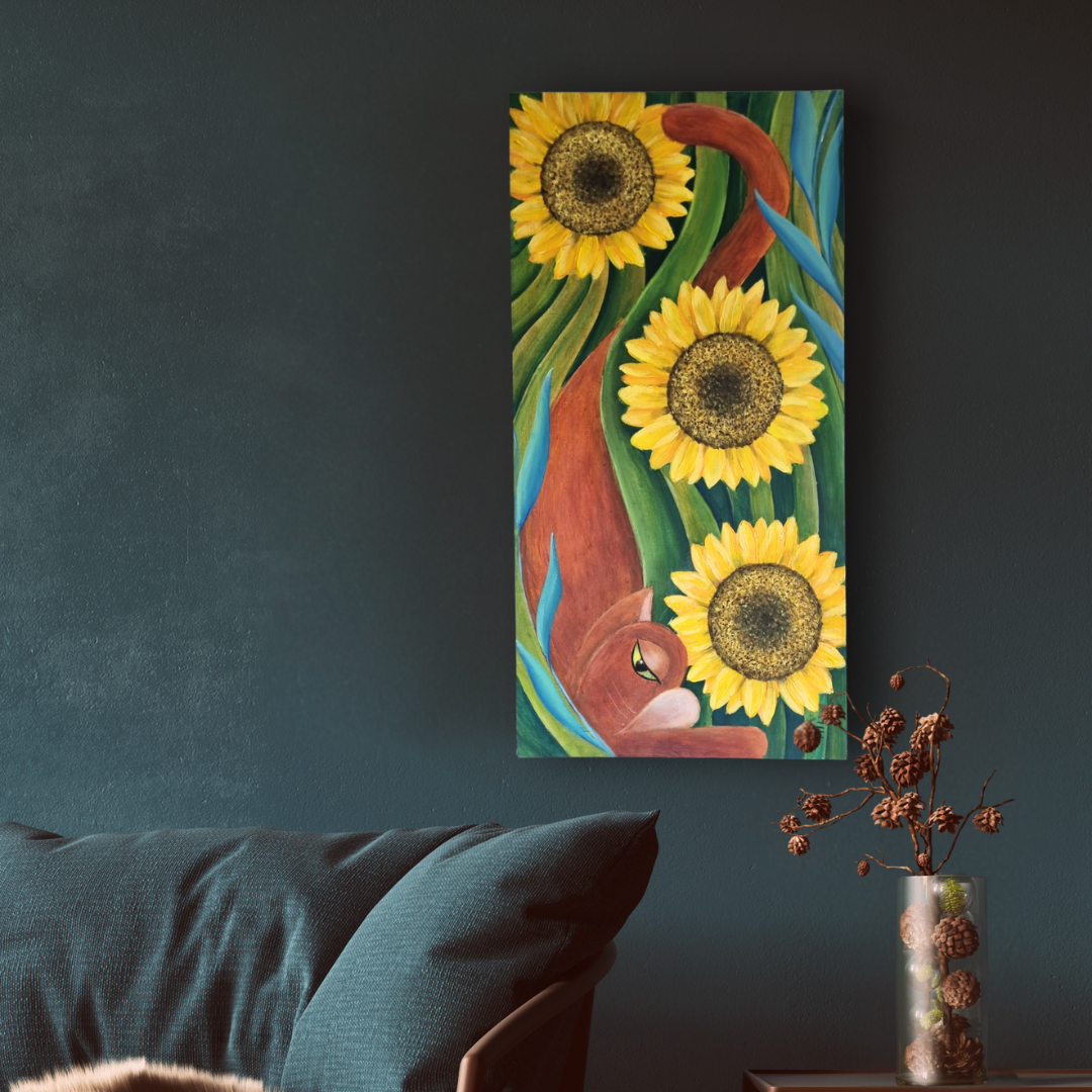 Contemporary painting of an orange cat peeking through vibrant sunflowers, featuring bold geometric green leaves and turquoise accents. Original acrylic artwork with striking yellow sunflower heads against vertical composition.