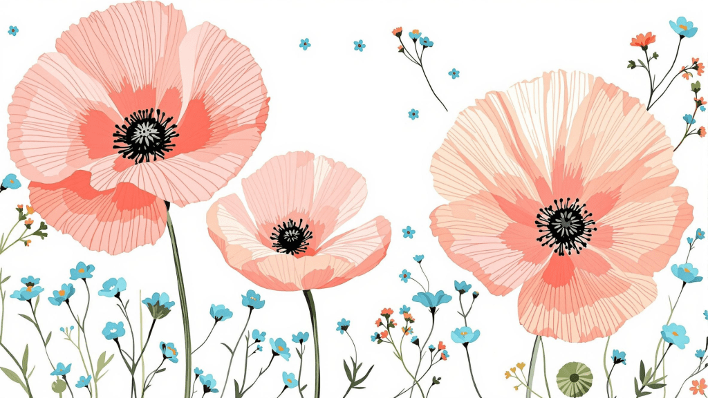 Contemporary coral poppy art with turquoise forget-me-nots, stylized botanical illustration, clean minimalist design, original acrylic painting style, Southend-on-Sea artist blog header, MySouthendArt branding.
