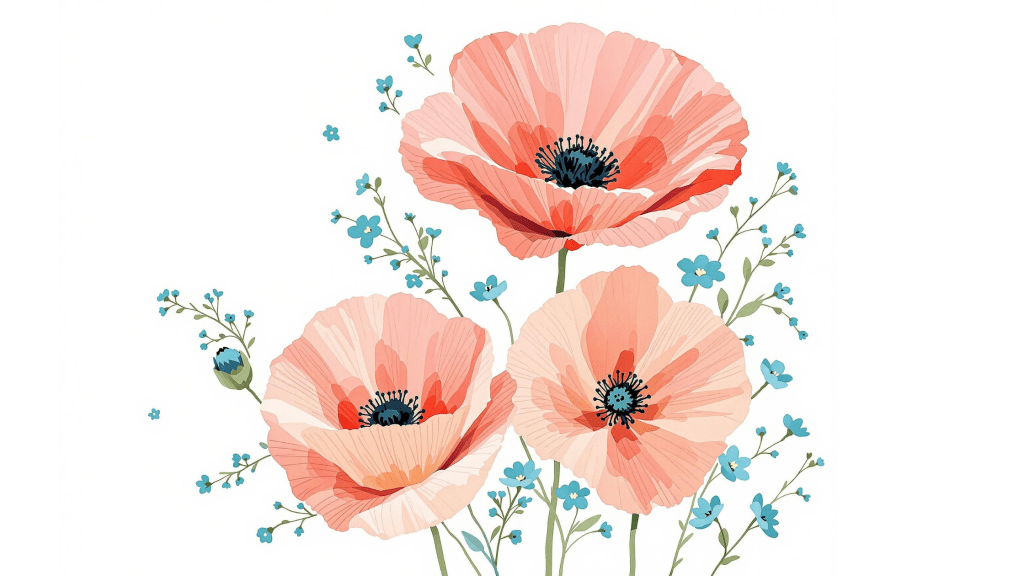 Contemporary coral poppy artwork featuring turquoise forget-me-nots in geometric botanical style, clean minimalist composition with stylized floral elements. Original acrylic painting style from Southend-on-Sea.