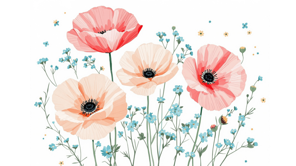 Contemporary coral poppy artwork featuring turquoise forget-me-nots in centered botanical composition, clean minimalist design with stylized floral elements. Original acrylic painting style from Southend-on-Sea.