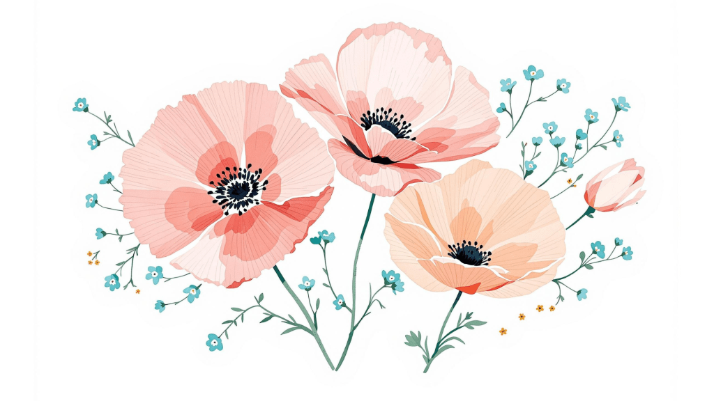 Contemporary poppy illustration featuring coral and peach poppies with turquoise forget-me-nots, stylized botanical design, clean white background, original acrylic style from Southend-on-Sea.