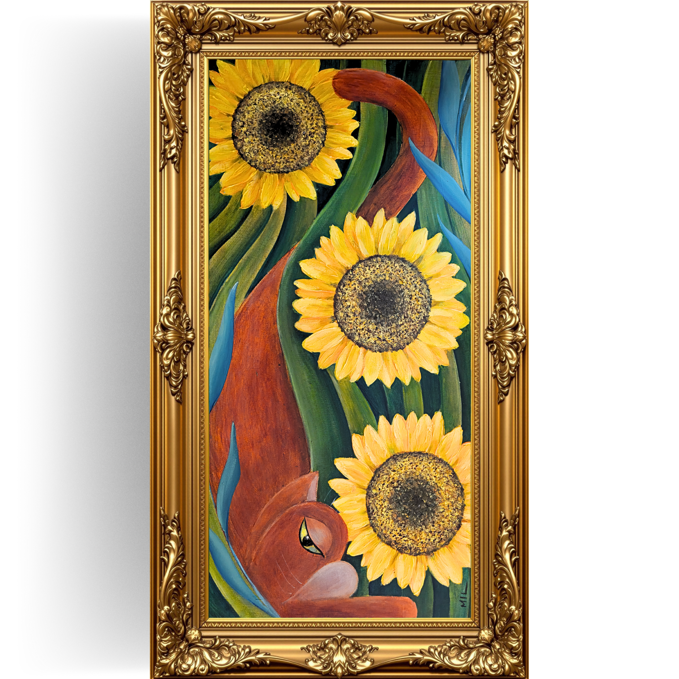 Contemporary orange cat portrait with geometric style, graceful feline silhouette intertwined with flowing curved forms in warm earth tones, three vibrant yellow sunflowers with detailed centers, original acrylic artwork in ornate baroque frame from Southend-on-Sea.