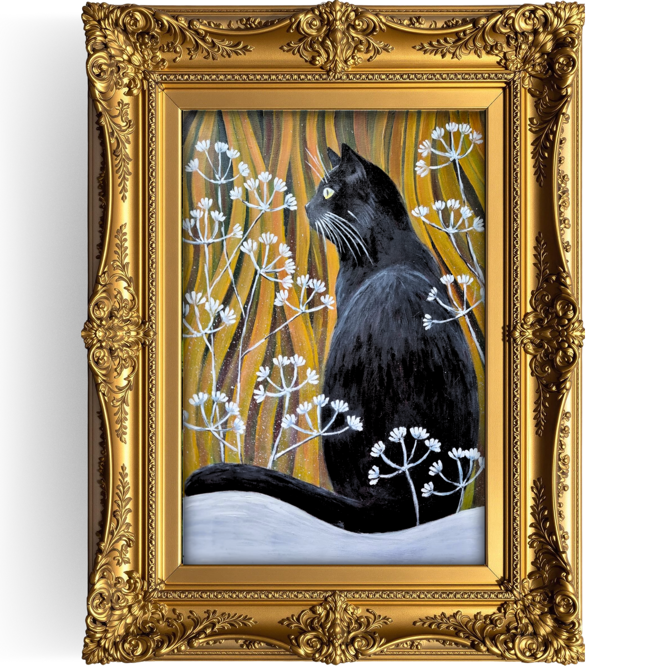 Contemporary black cat portrait sitting watchfully on snow, alert feline with bright eyes, dried golden grass and frosted winter plants in background, geometric winter landscape composition, original acrylic painting in ornate baroque frame from Southend-on-Sea.