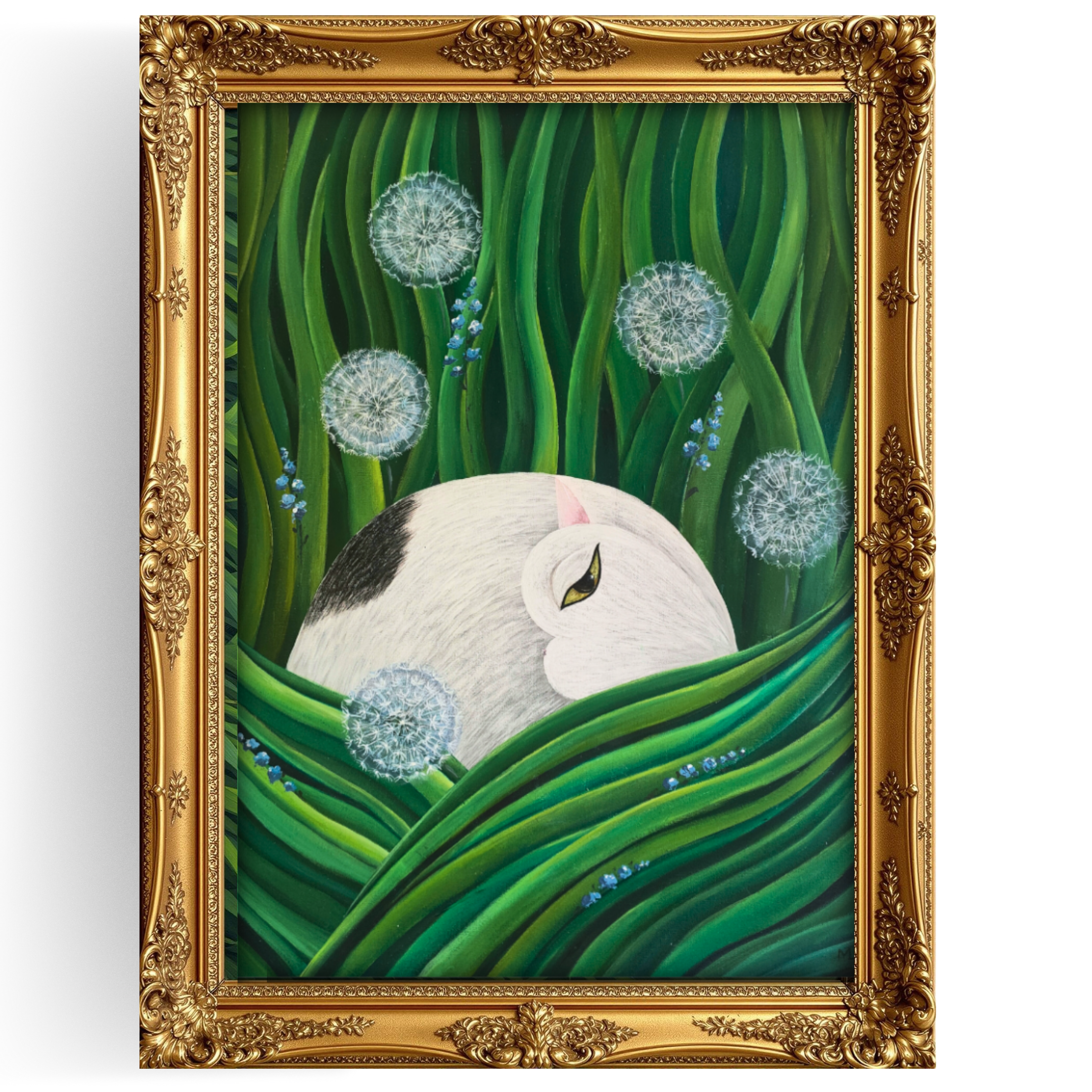 Contemporary white cat portrait among golden dandelions and blue forget-me-nots, elegant feline silhouette surrounded by geometric grass patterns and spring wildflowers, vibrant yellow blooms with detailed centers, original acrylic painting in ornate baroque frame from Southend-on-Sea.