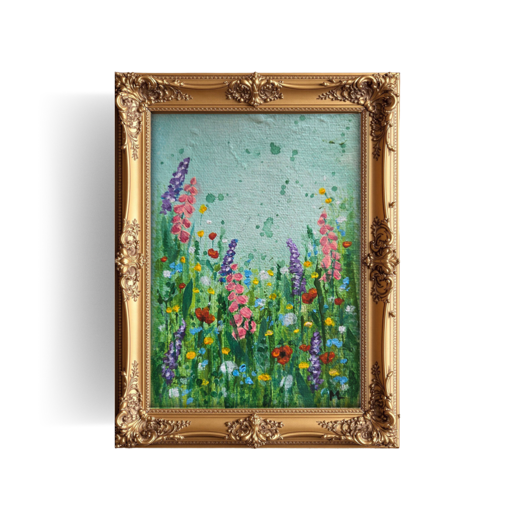 Contemporary wildflower meadow painting with vibrant cottage garden flowers, tall purple foxgloves, pink lupins, red poppies, yellow buttercups, blue cornflowers, and white daisies in lush green grass, textured brushstrokes, turquoise sky background, original acrylic painting in ornate baroque frame from Southend-on-Sea.