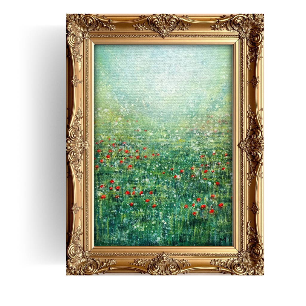 Contemporary poppy meadow wildflower painting with textured brushstrokes, vibrant red poppies scattered across lush green grass, impressionist style with dynamic composition, original acrylic painting in ornate baroque frame from Southend-on-Sea.
