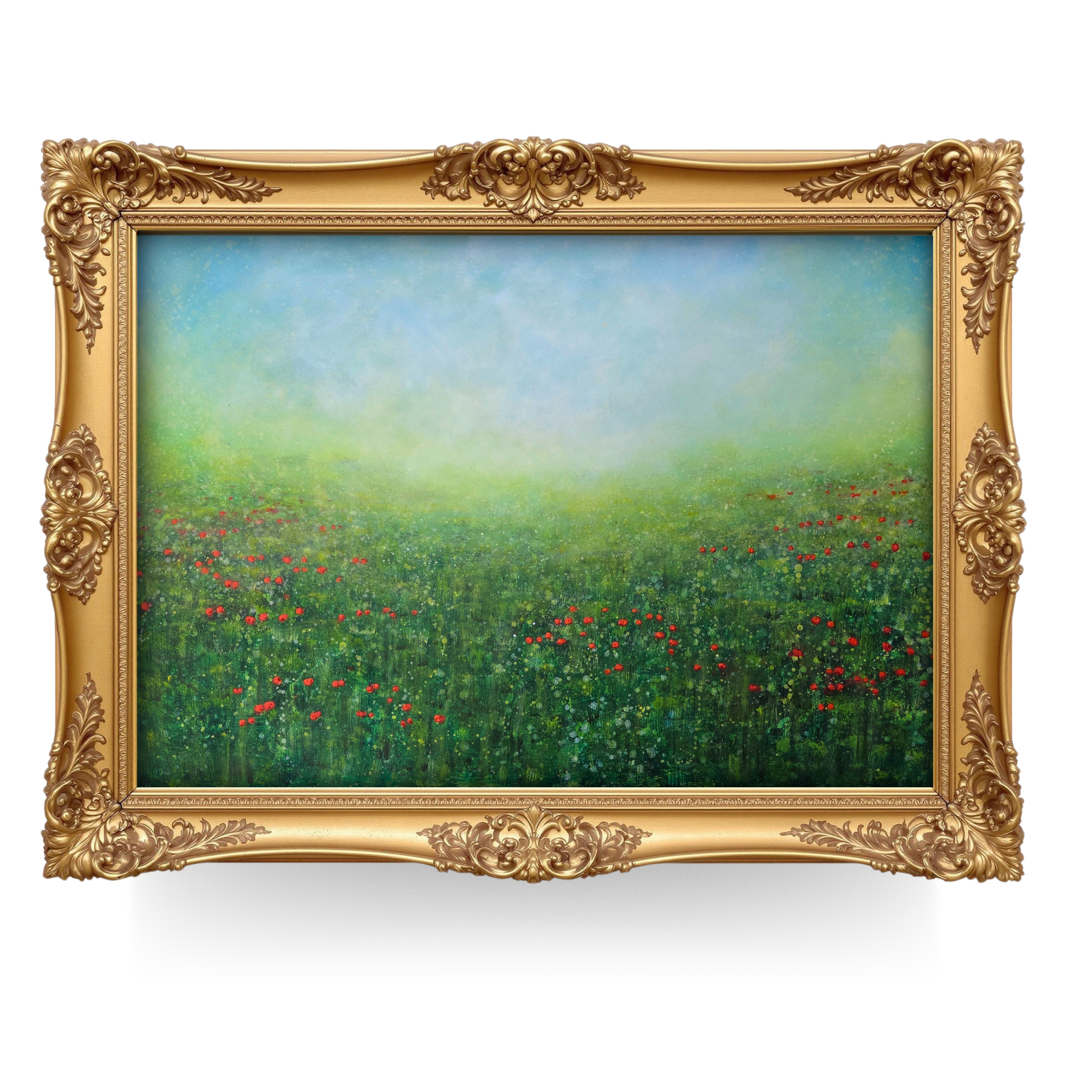 Contemporary poppy meadow landscape painting, impressionist style with vibrant red poppies scattered across lush green grassland, soft blue-green sky gradient, textured brushstrokes creating atmospheric depth, original acrylic painting in ornate baroque frame from Southend-on-Sea.
