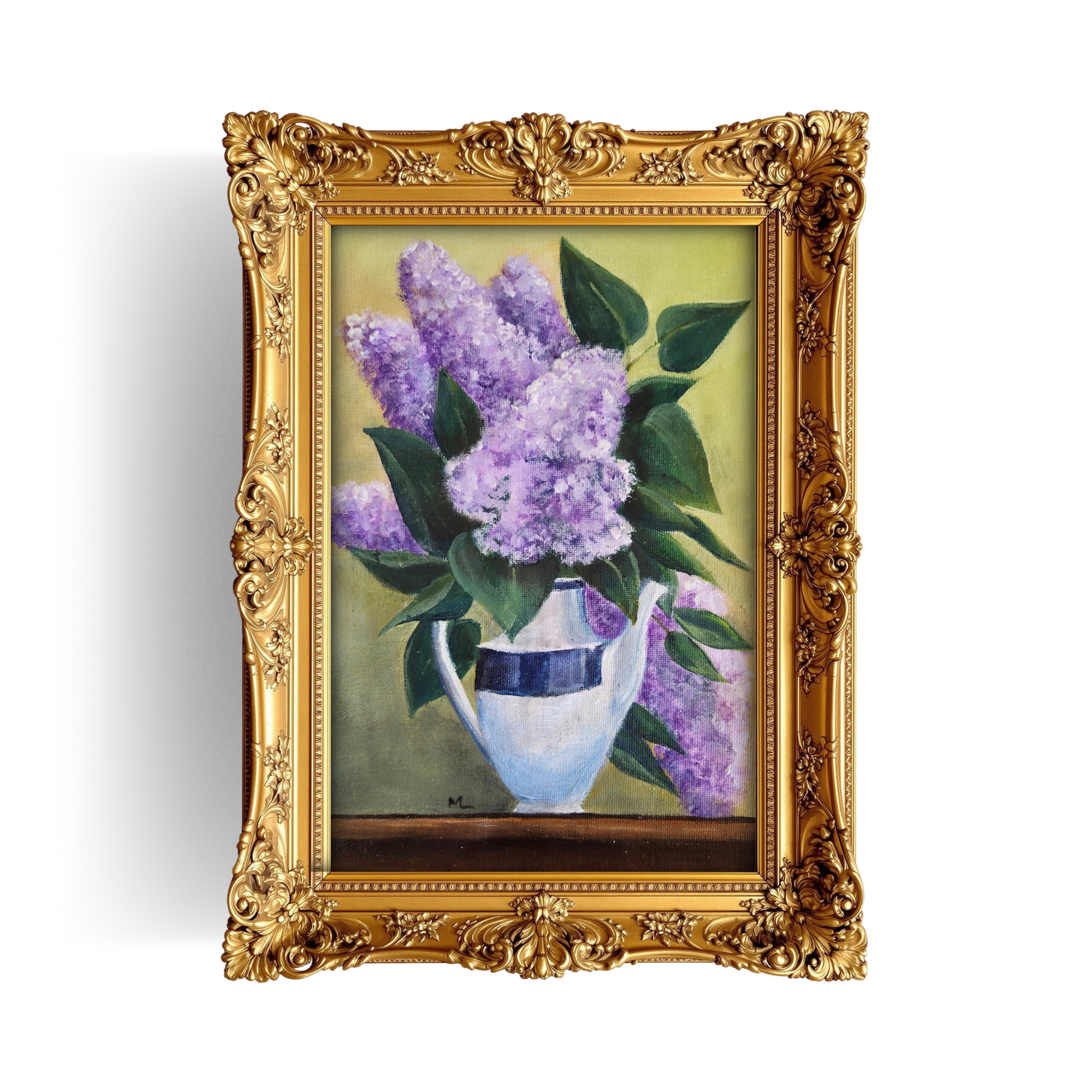 Contemporary lilac still life painting featuring vibrant purple blooms in vintage white teapot with blue band, soft chartreuse background, detailed flower clusters with natural texture, original acrylic painting in ornate baroque frame from Southend-on-Sea.