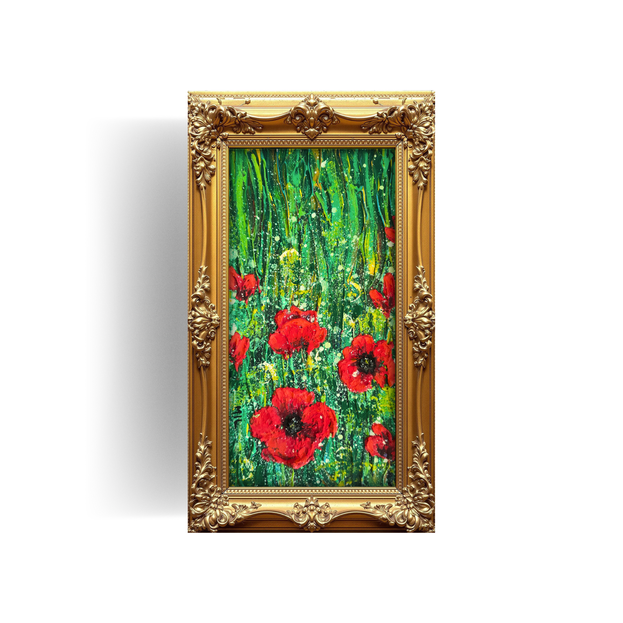 Contemporary red poppy meadow painting with vibrant crimson blooms, lush emerald grass textures, dynamic vertical brushstrokes, impressionistic wildflower field composition, original acrylic painting in ornate baroque frame from Southend-on-Sea.