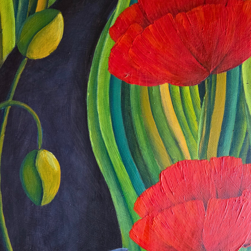 Contemporary red poppy flowers with geometric stylized foliage, summer color palette featuring vibrant reds, deep greens, golden yellows, and turquoise accents, bold high-contrast composition, original acrylic painting from Southend-on-Sea.
