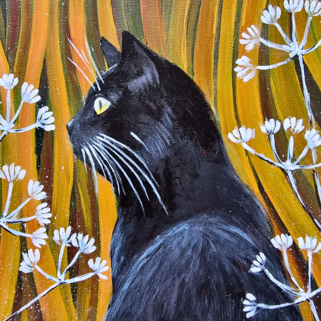 Contemporary black cat portrait with golden dried grass and white geometric seed heads, autumn color palette featuring deep blacks, rich golden amber, warm ochres, and cream whites, sophisticated earth tone composition, original acrylic painting from Southend-on-Sea.