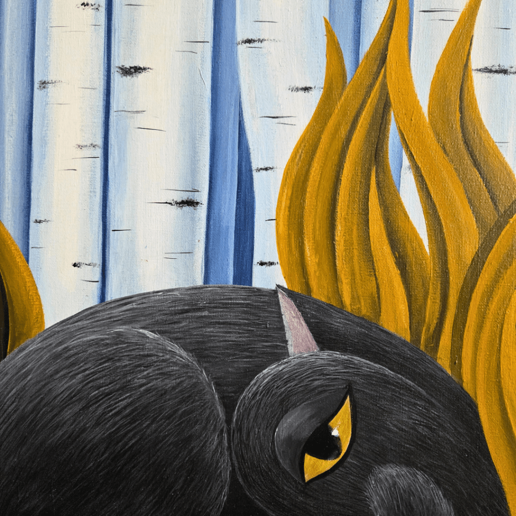 Contemporary black cat portrait with silver birch tree trunks and golden dried grass, winter color palette featuring charcoal blacks, pristine whites, silver birch textures, and golden ochre accents, minimalist geometric composition, original acrylic painting from Southend-on-Sea.