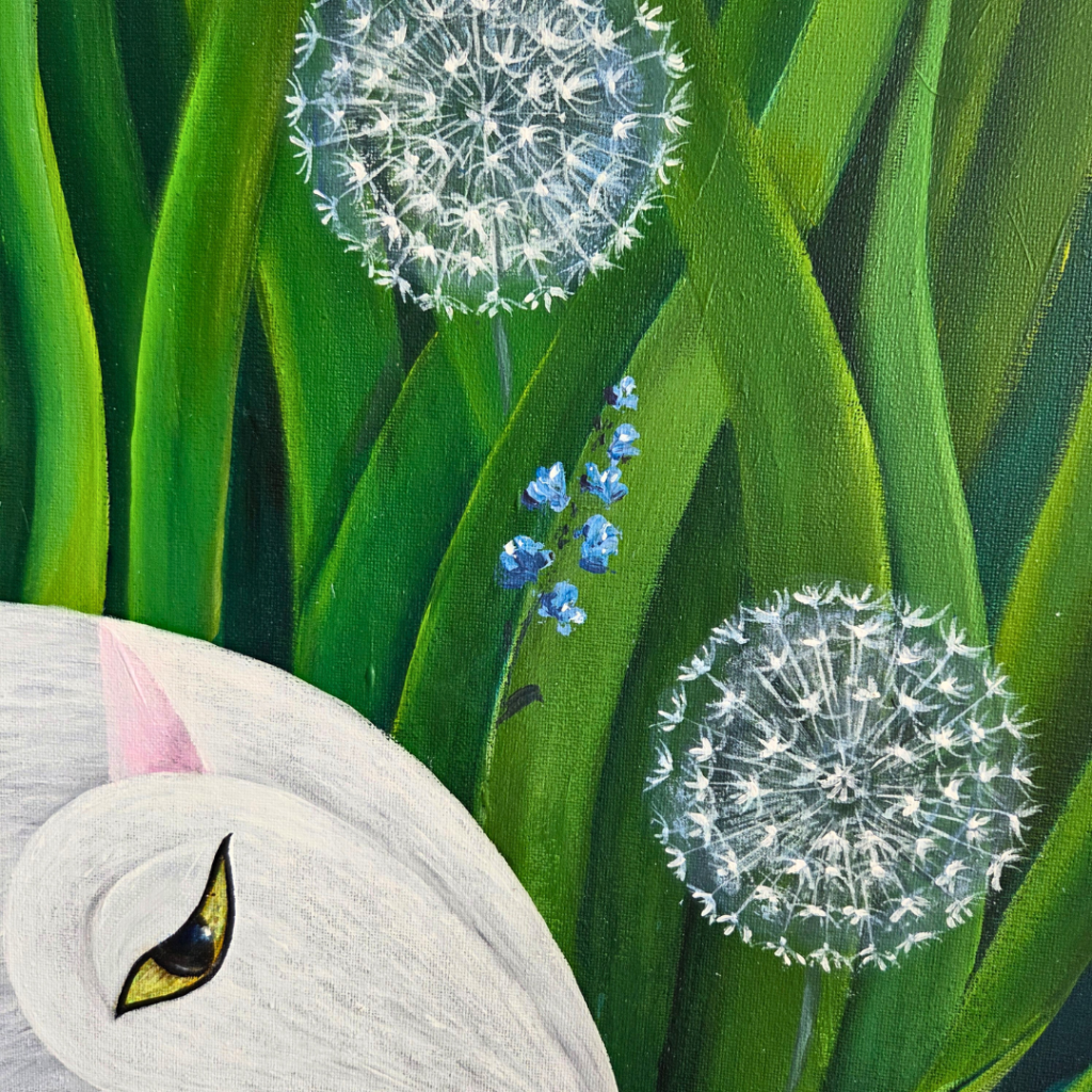 Contemporary white cat portrait with dandelion seed heads and blue forget-me-nots, spring color palette featuring cream whites, vibrant greens, and powder blues, geometric stylized composition, original acrylic painting from Southend-on-Sea.