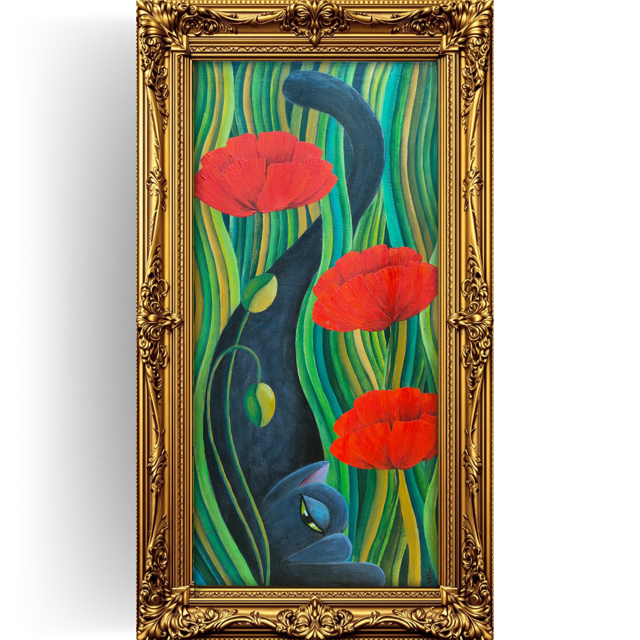 Contemporary cat portrait in stylized art, serene expression, featuring silhouetted feline form against flowing geometric grass patterns and vibrant red poppies. Original acrylic artwork in ornate baroque frame from Southend-on-Sea.