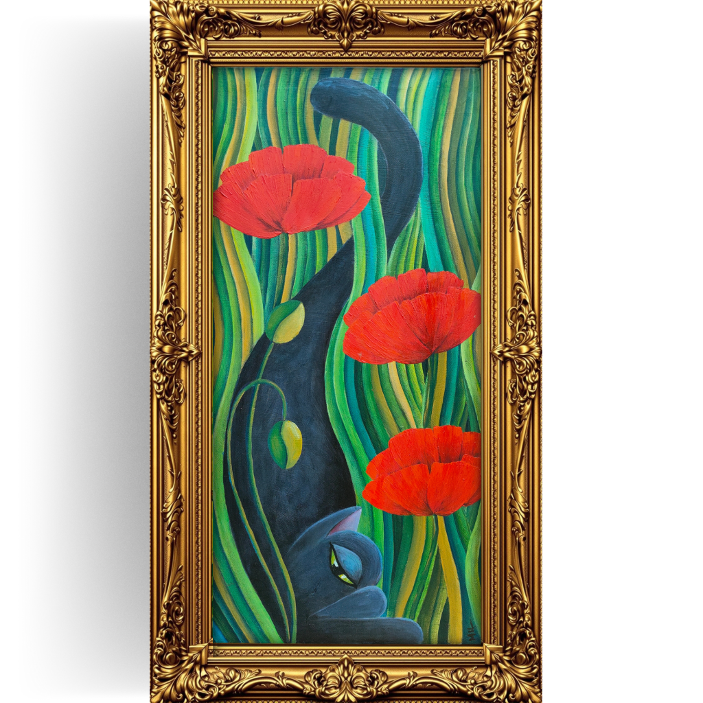 Contemporary cat portrait in stylized art, serene expression, featuring silhouetted feline form against flowing geometric grass patterns and vibrant red poppies. Original acrylic artwork in ornate baroque frame from Southend-on-Sea.