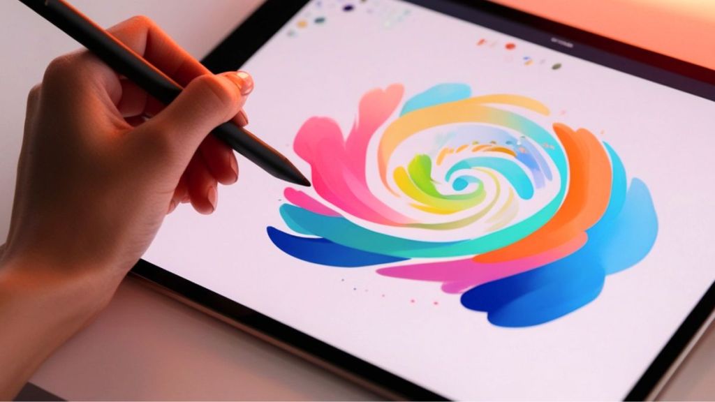 Hand holding a stylus drawing a colourful swirl on a digital tablet screen.