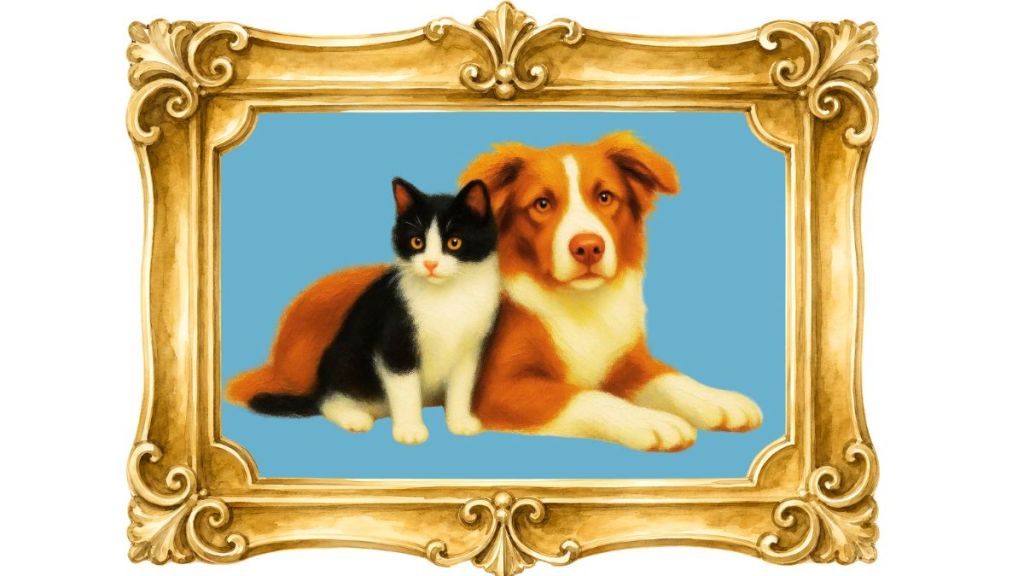 Ornate gold frame showing a pet portrait of a dog and a black-and-white cat on a blue background.