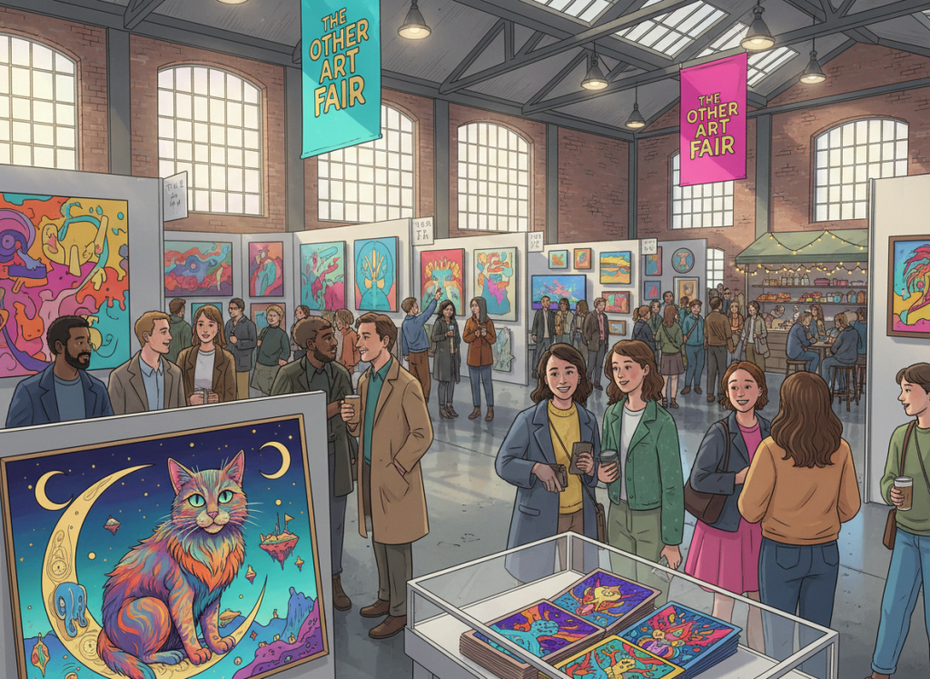 A colorful, contemporary illustration of The Other Art Fair at Truman Brewery, London, showing visitors admiring diverse artworks. A surreal cat painting and a bold tarot deck are featured, with coffee, pastries, and a welcoming, creative community atmosphere.