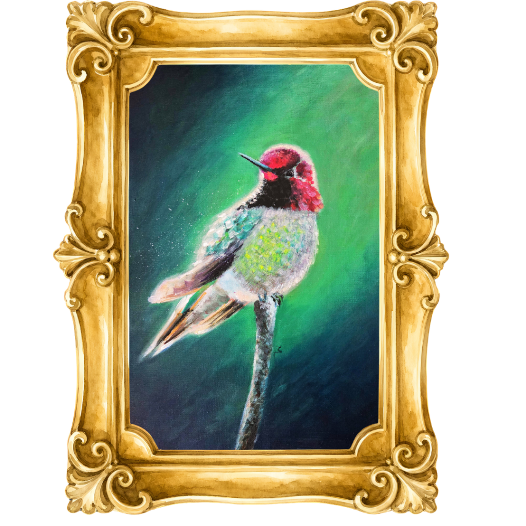 Gold ornate frame mockup showing an acrylic hummingbird painting with a bright fuchsia head and a green-to-teal background.